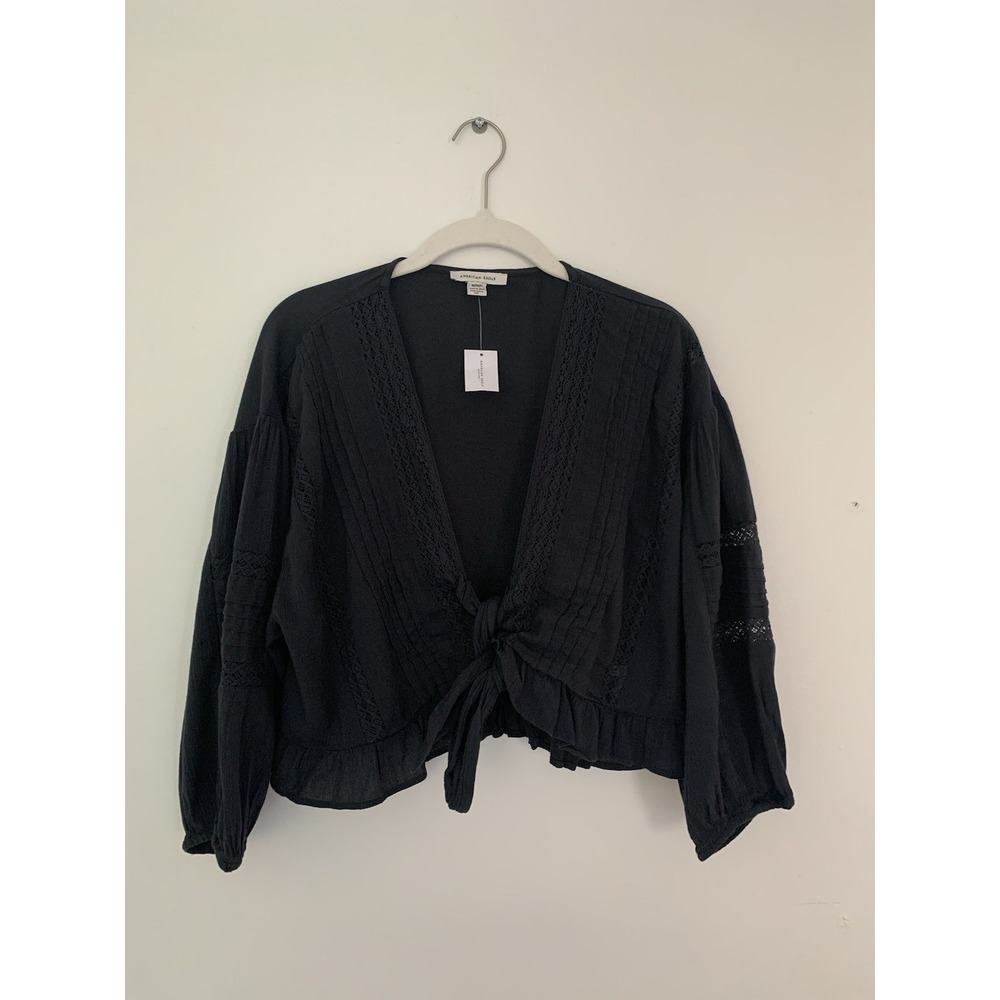 NWT American Eagle Tie Front Top Lace Ruffles Crop 3/4 Balloon Sleeve Gray M